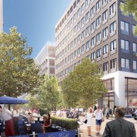 CGI impression of a bustling street scene with retail, people and buildings